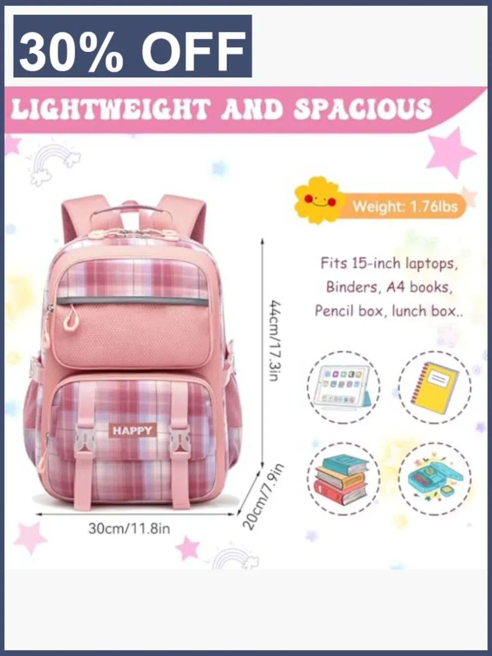 Preppy Plaid Backpack for Girls, Large Capacity School Bag, 17 Inch, Bookbag